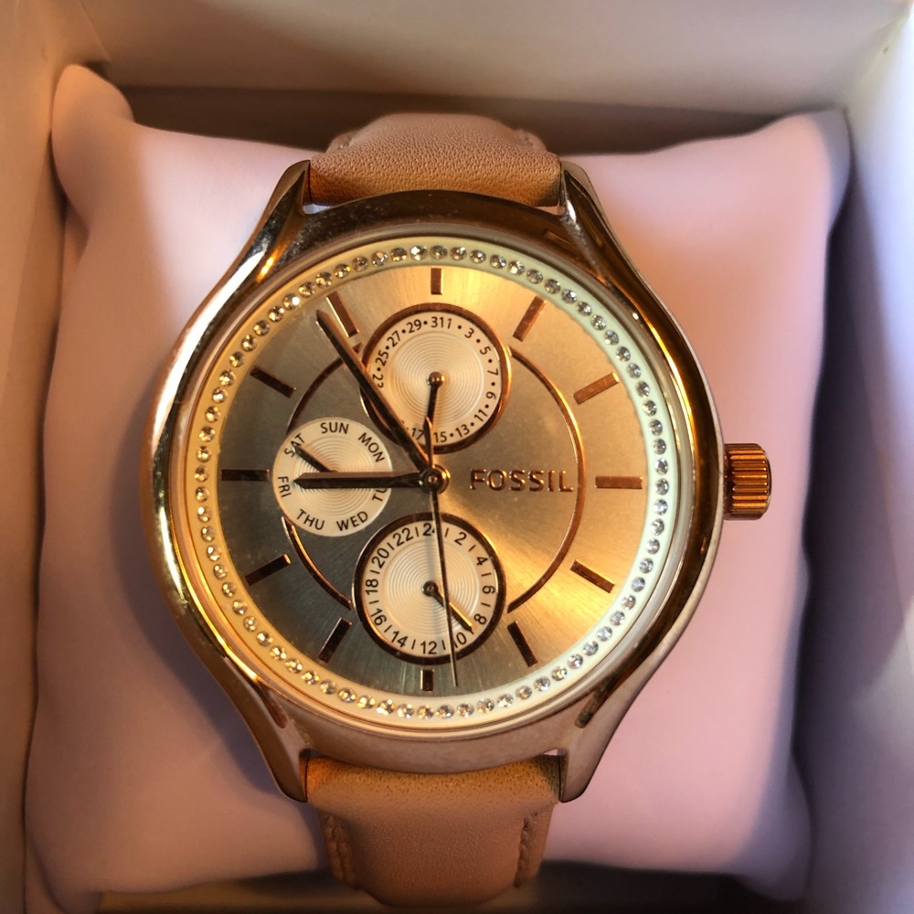 Fossil Rhinestone Watch with Tan Leather Band